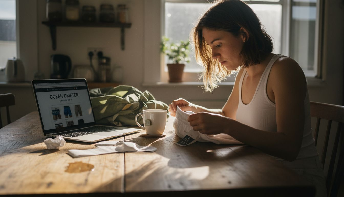 Woman reviewing swim trunk material origins
