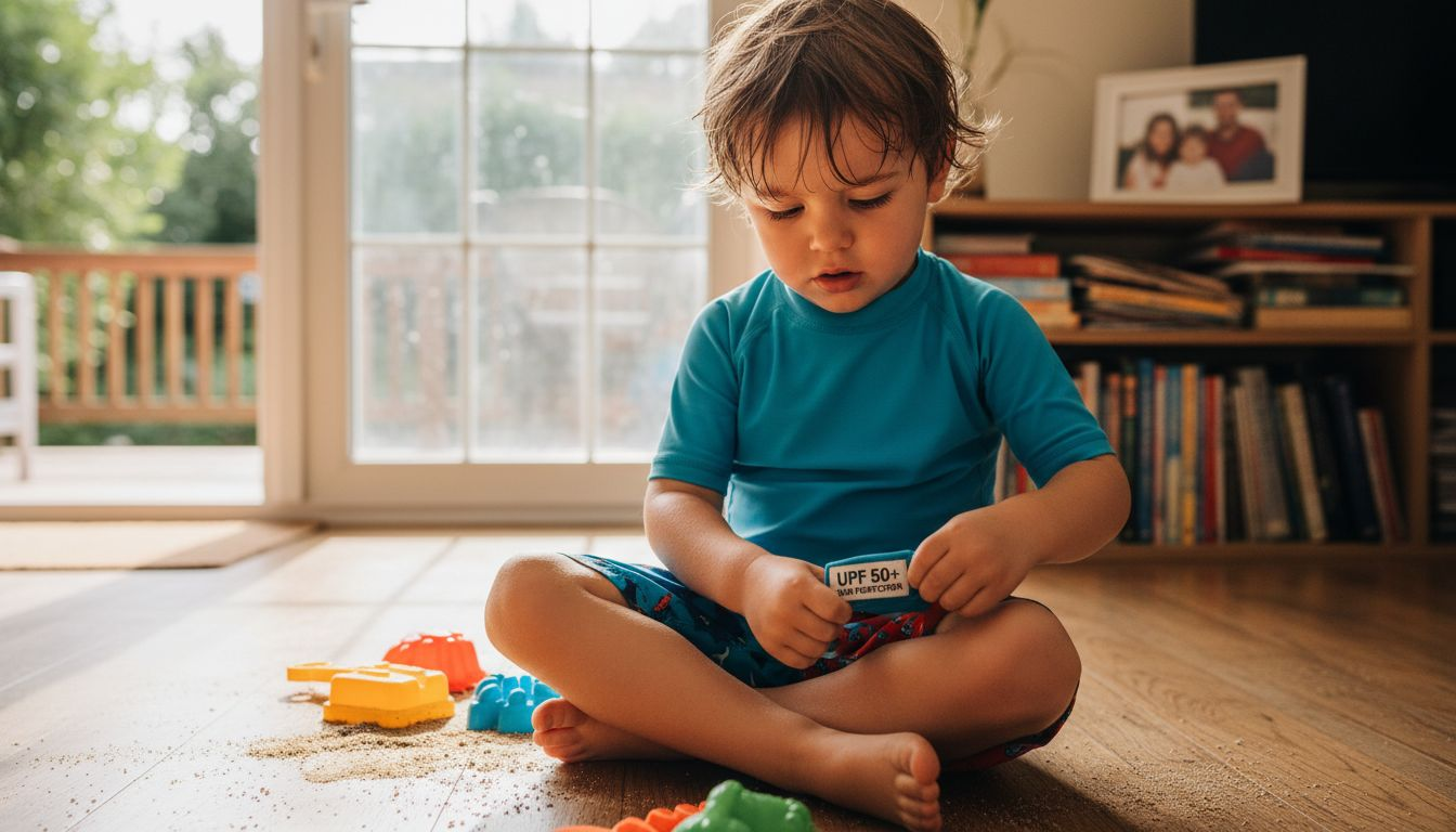 Boy checking UPF label on swimwear