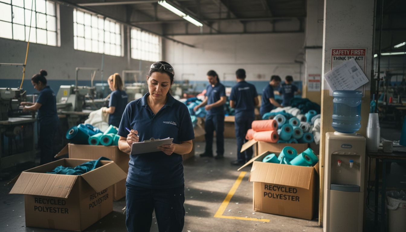 Factory supervisor checking recycled fabric inventory