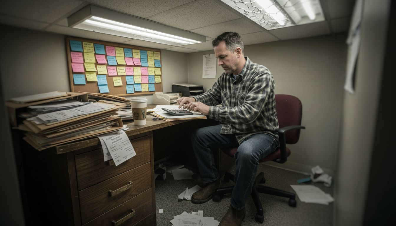 SMB owner calculating costs at worn desk