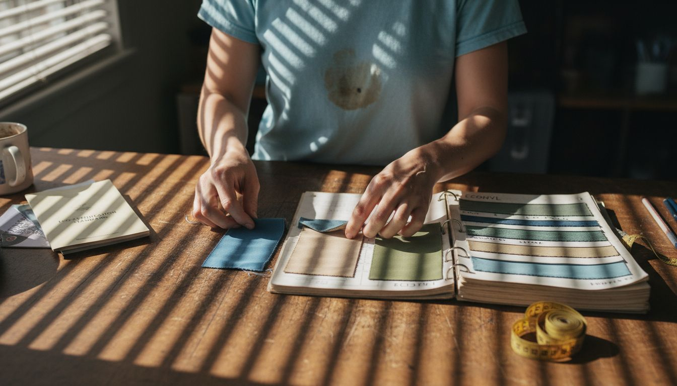 Designer arranging recycled swimwear fabric swatches