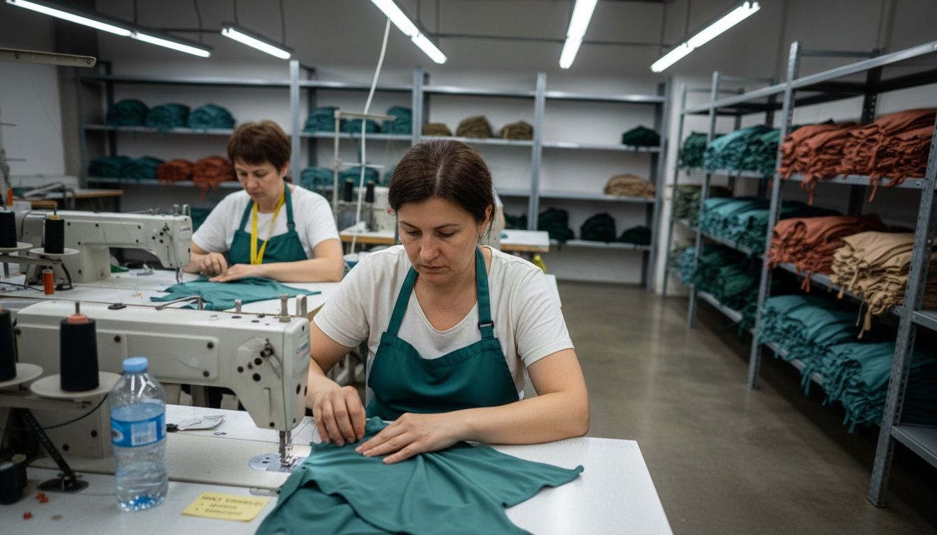 Factory workers sewing sustainable swimwear