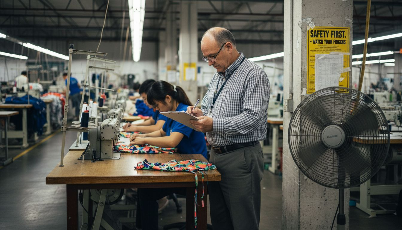 Supervisor and workers in swimwear production room