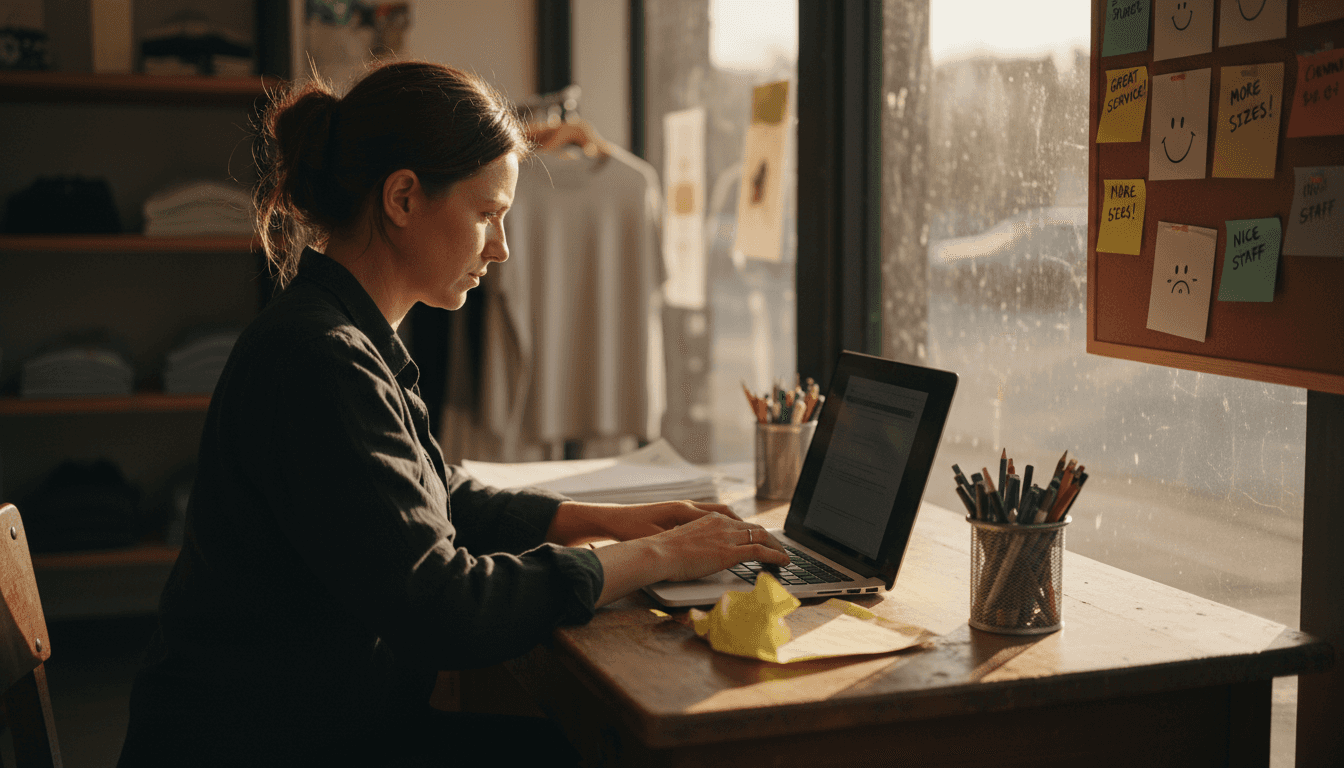 Employee enters customer feedback on laptop