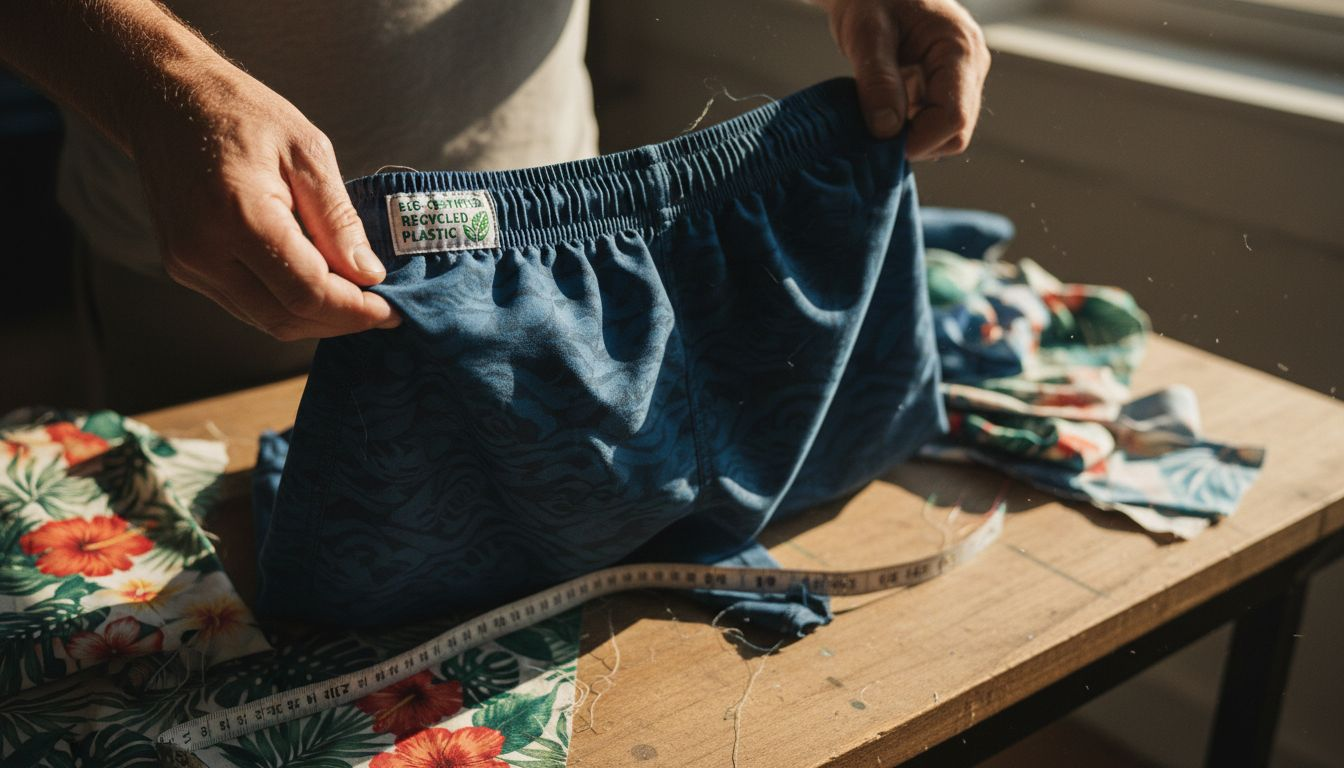 Hands showcase swim trunks recycled materials