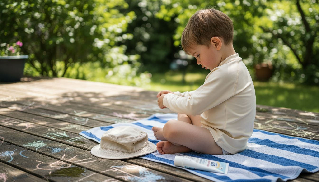 Young child putting on soft organic swimwear