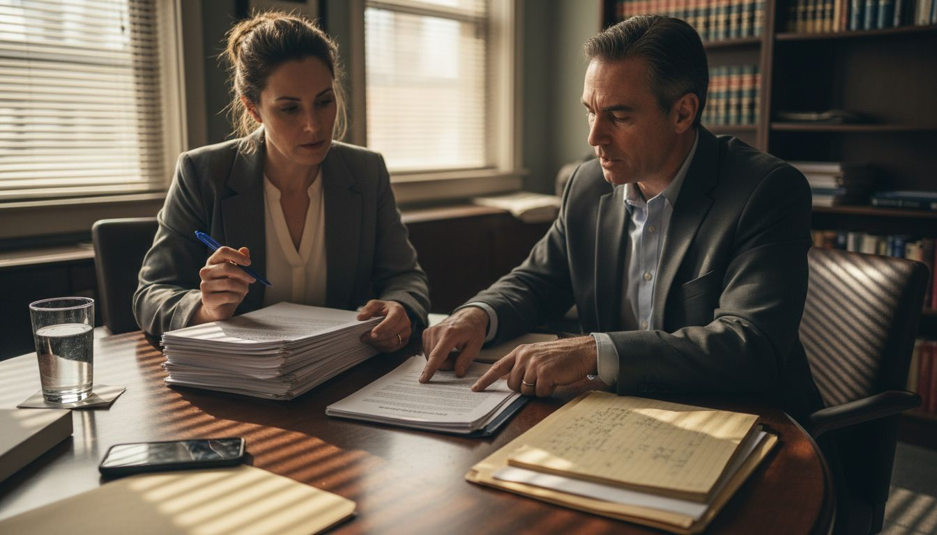 Business founder and attorney reviewing contract