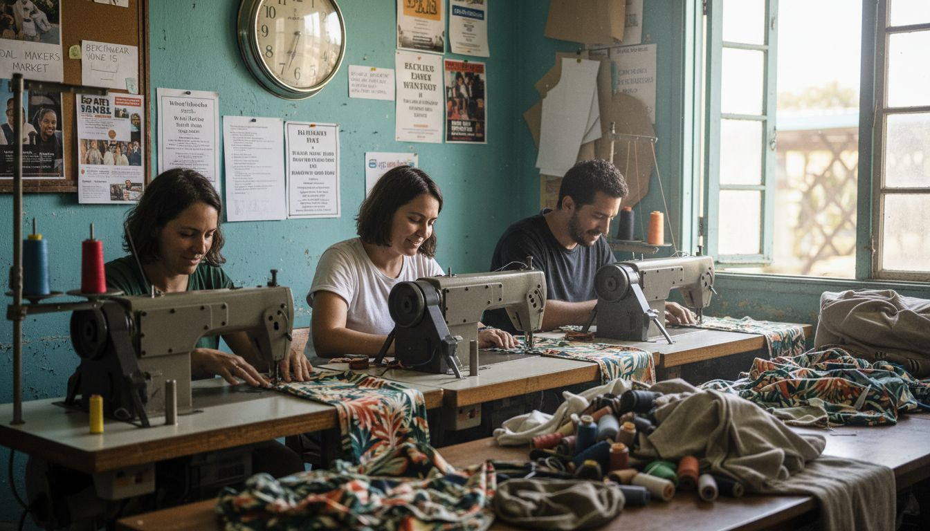 Artisans sewing beachwear in community studio