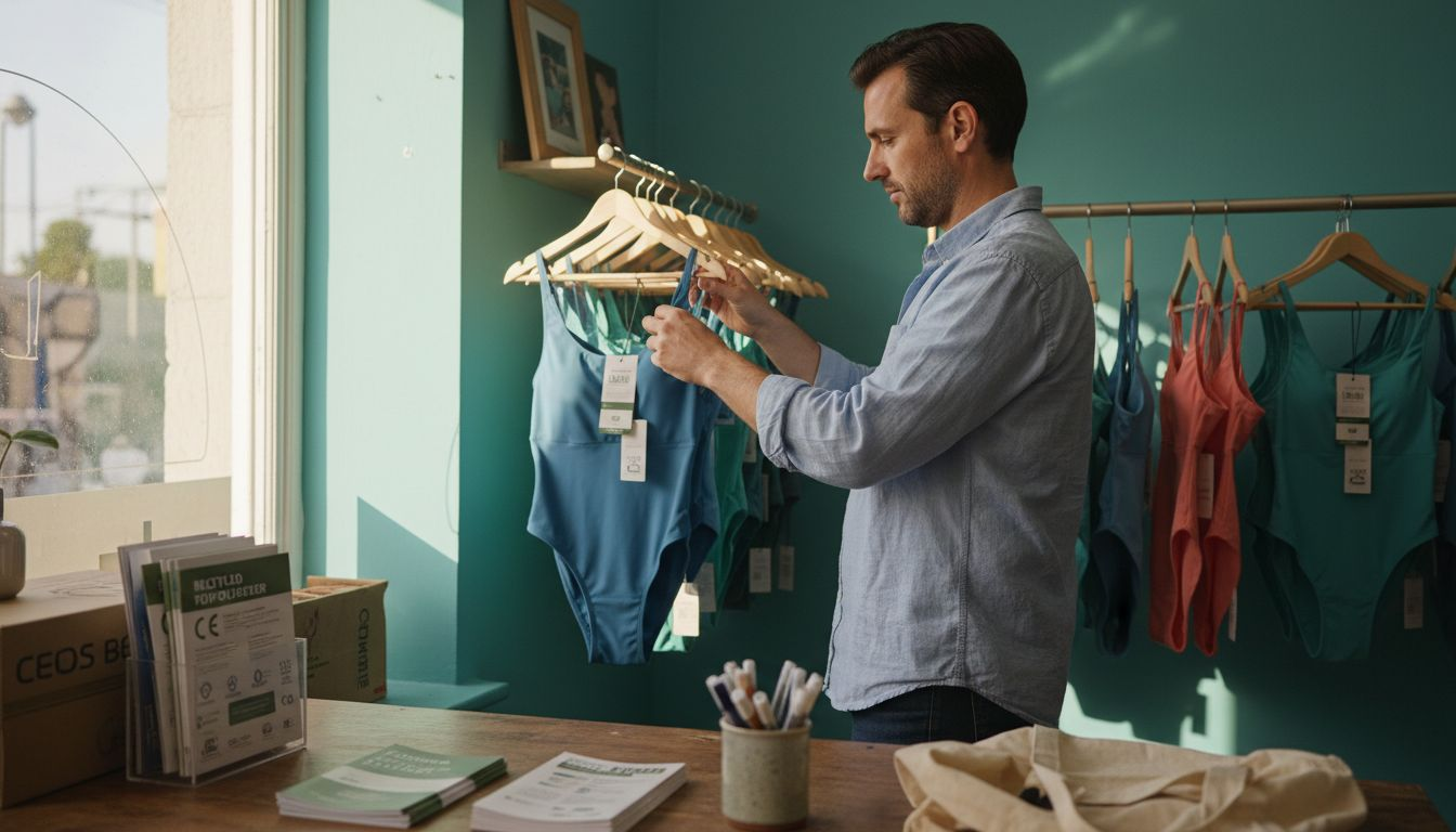 Employee checking eco swimwear certification tags