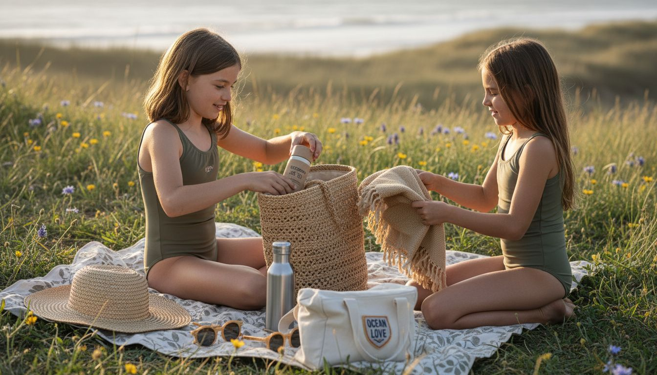 Girl sorting eco-friendly swim accessories outdoors