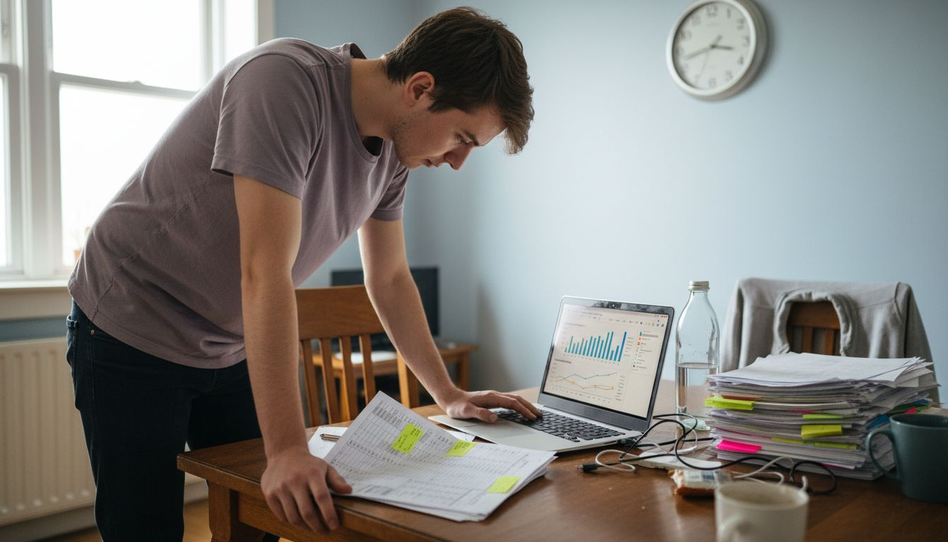 SEO analyst comparing printouts with digital graphs
