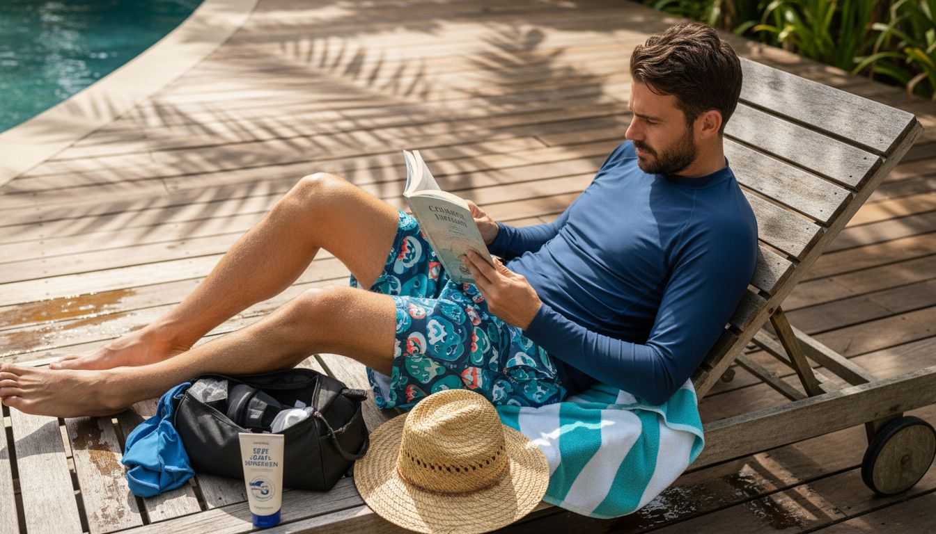 Man wearing UPF swimwear relaxing poolside