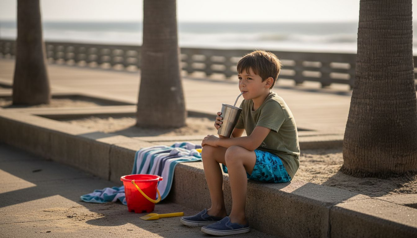 Boy in swim trunks relaxes near boardwalk