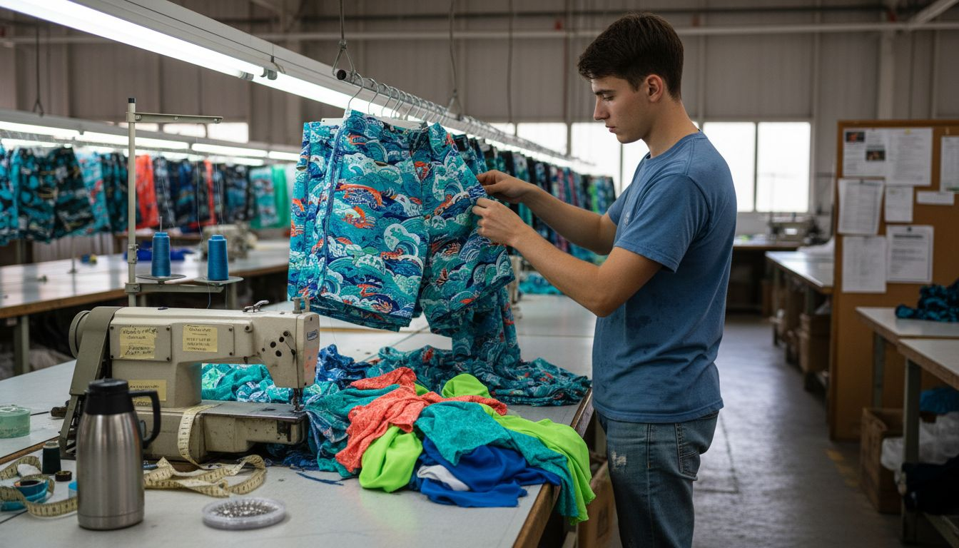 Worker inspecting eco-friendly beach shorts