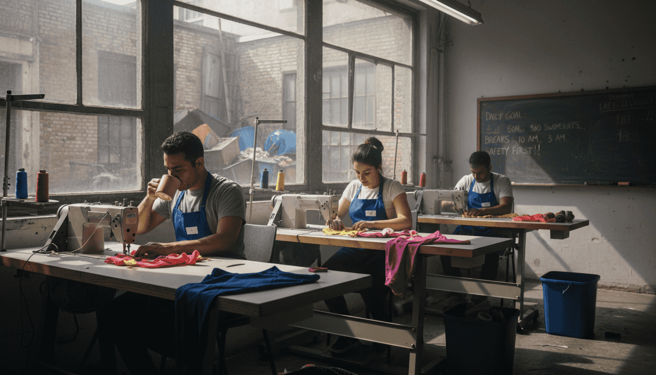 Swimwear workers sewing in bright factory