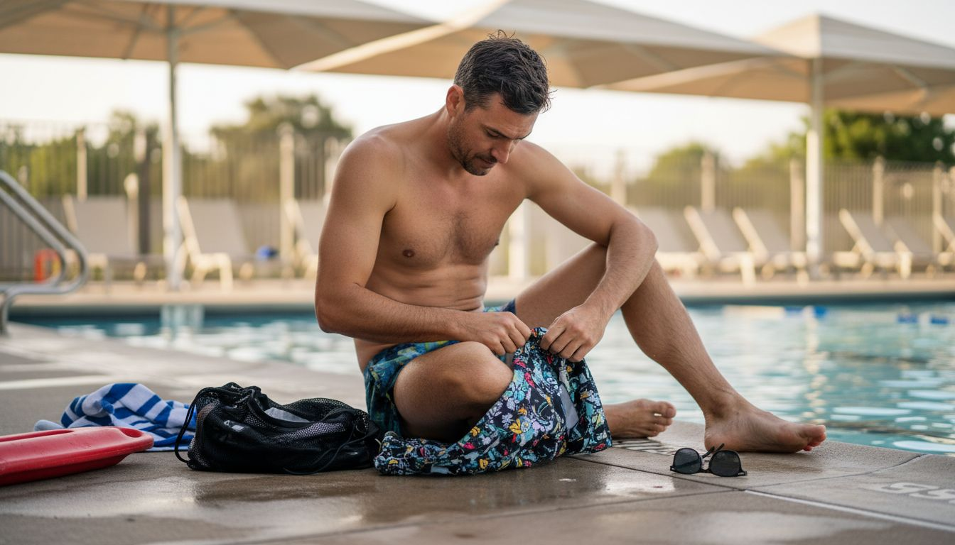 Man examines eco swim trunks poolside