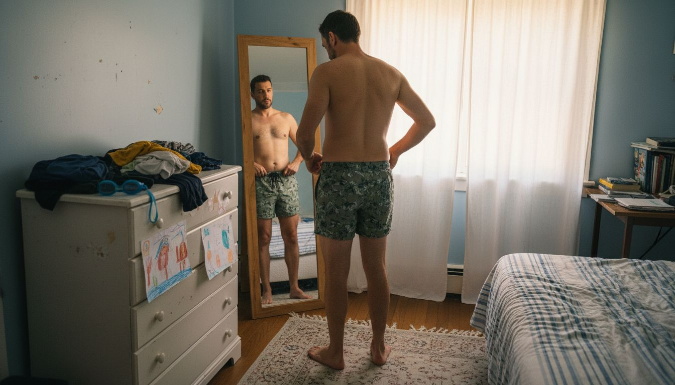 Man checks eco swimwear fit in mirror