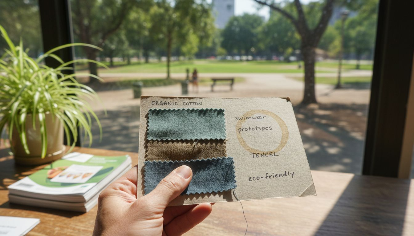 Hand holding biodegradable swimwear fabric samples