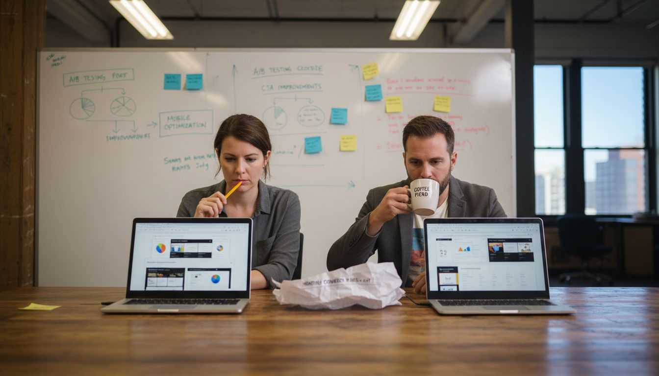 Marketers comparing landing page A/B test results