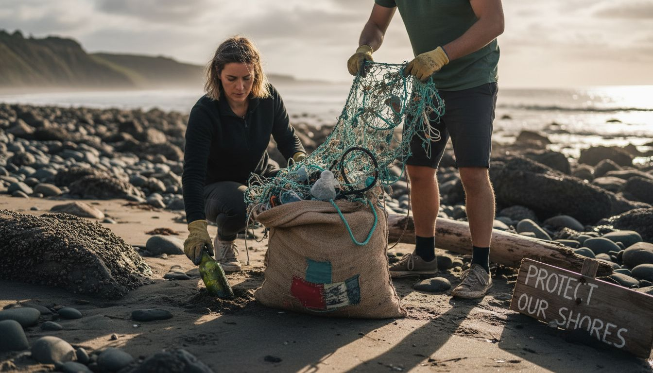 Volunteers removing plastic from rocky beach