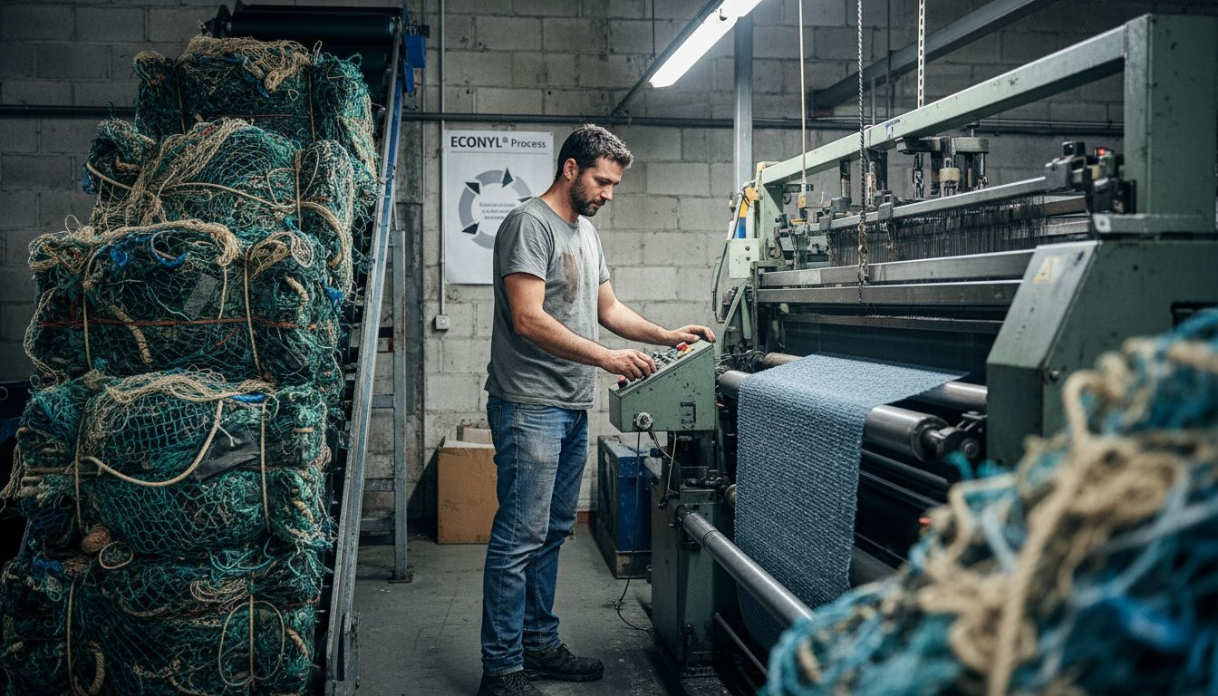 Worker overseeing recycled nylon fabric weaving