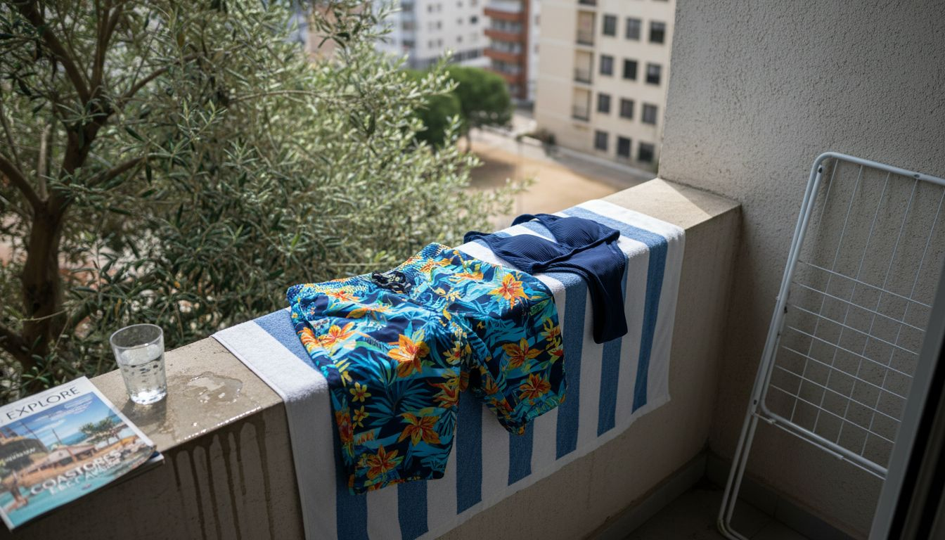 Swimwear air drying in shaded balcony