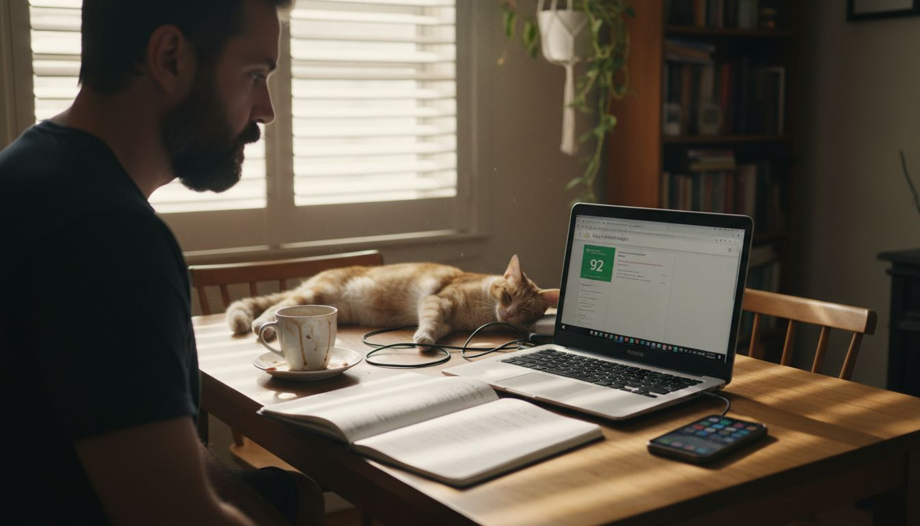 Man checking website speed with laptop at home