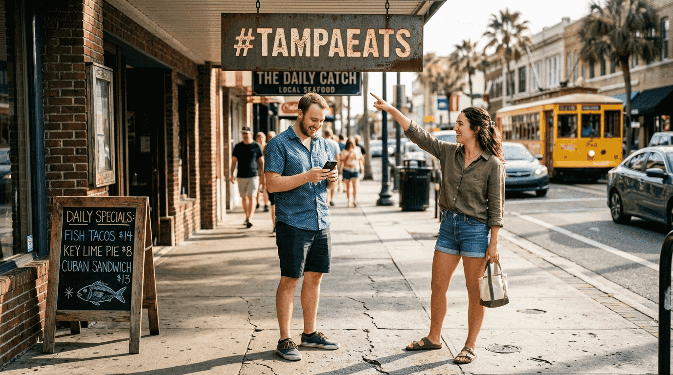 Customers discovering local business with hashtag sign