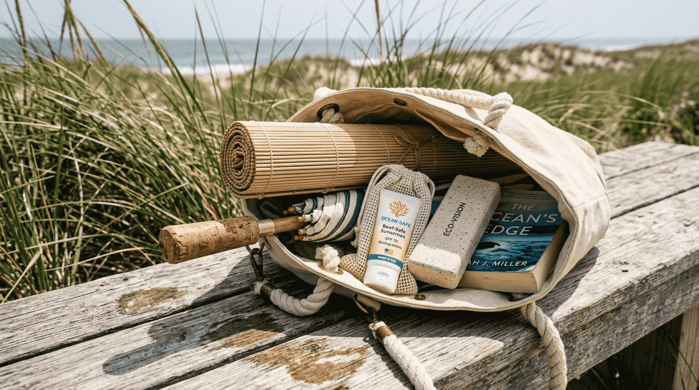 Close-up of eco-friendly beach accessories in bag