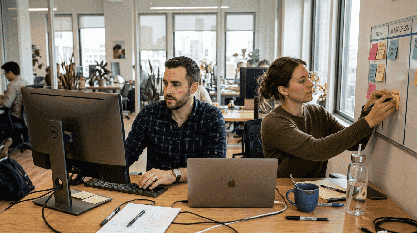 Team coordinating marketing automation workflow