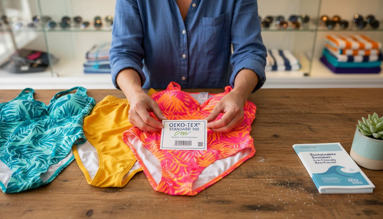 Store clerk displays OEKO-TEX swimwear tag
