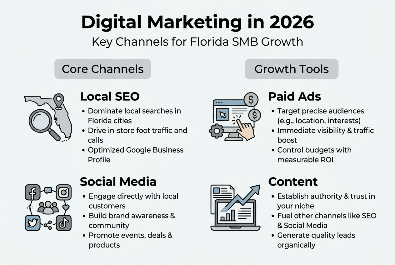 Infographic summarizing digital channels for Florida SMBs
