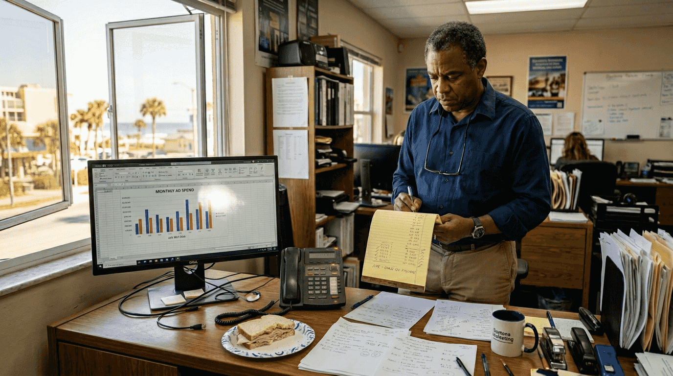 Business owner reviewing marketing cost data