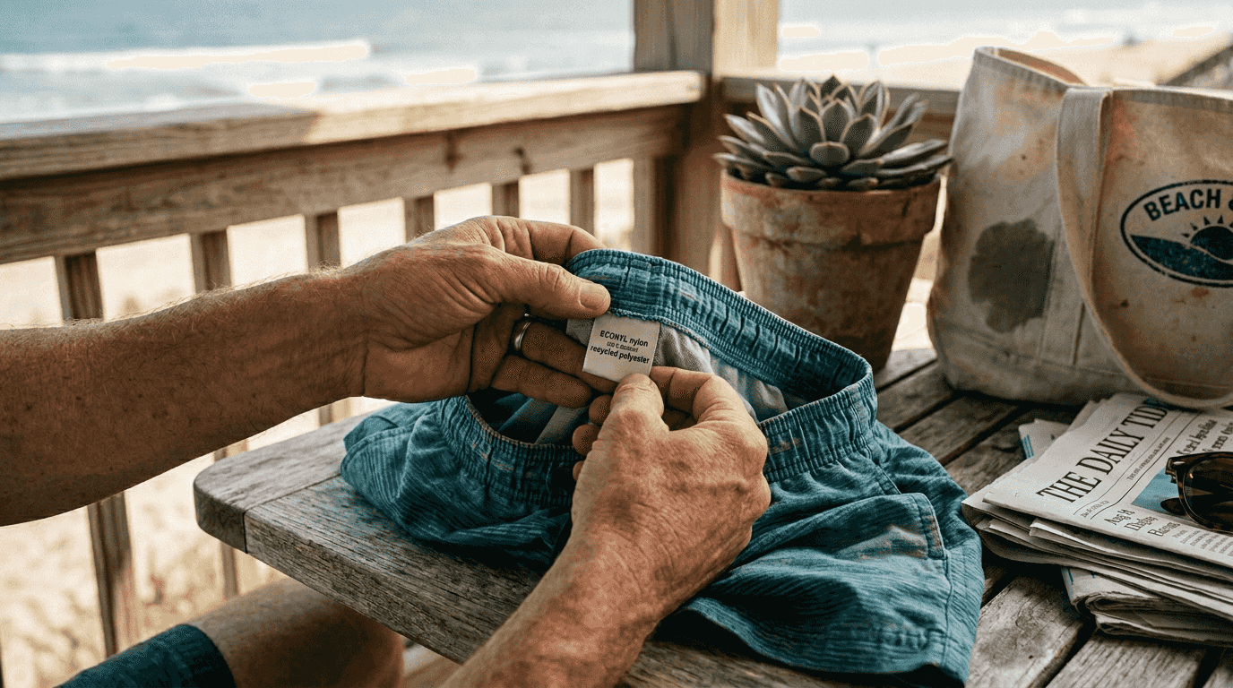 Hands checking recycled swim trunk label tag