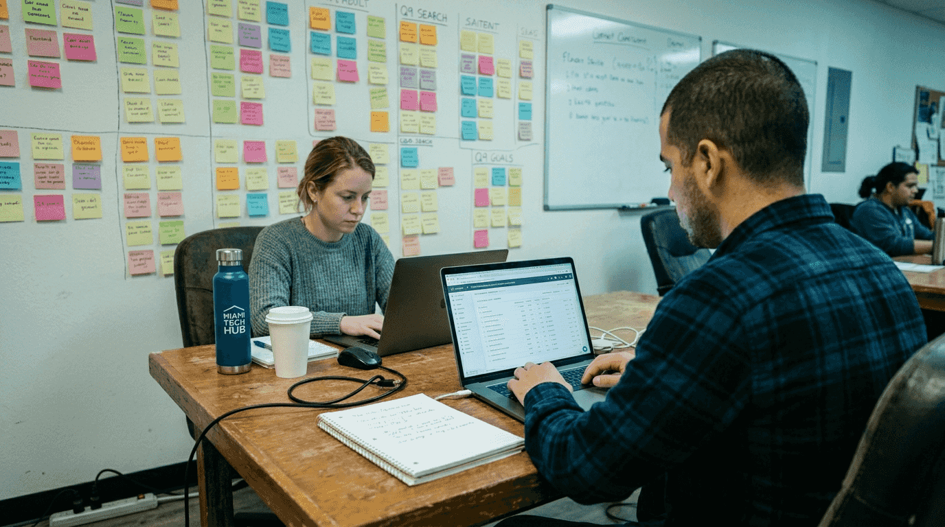 Coworkers using automated SEO tools in office