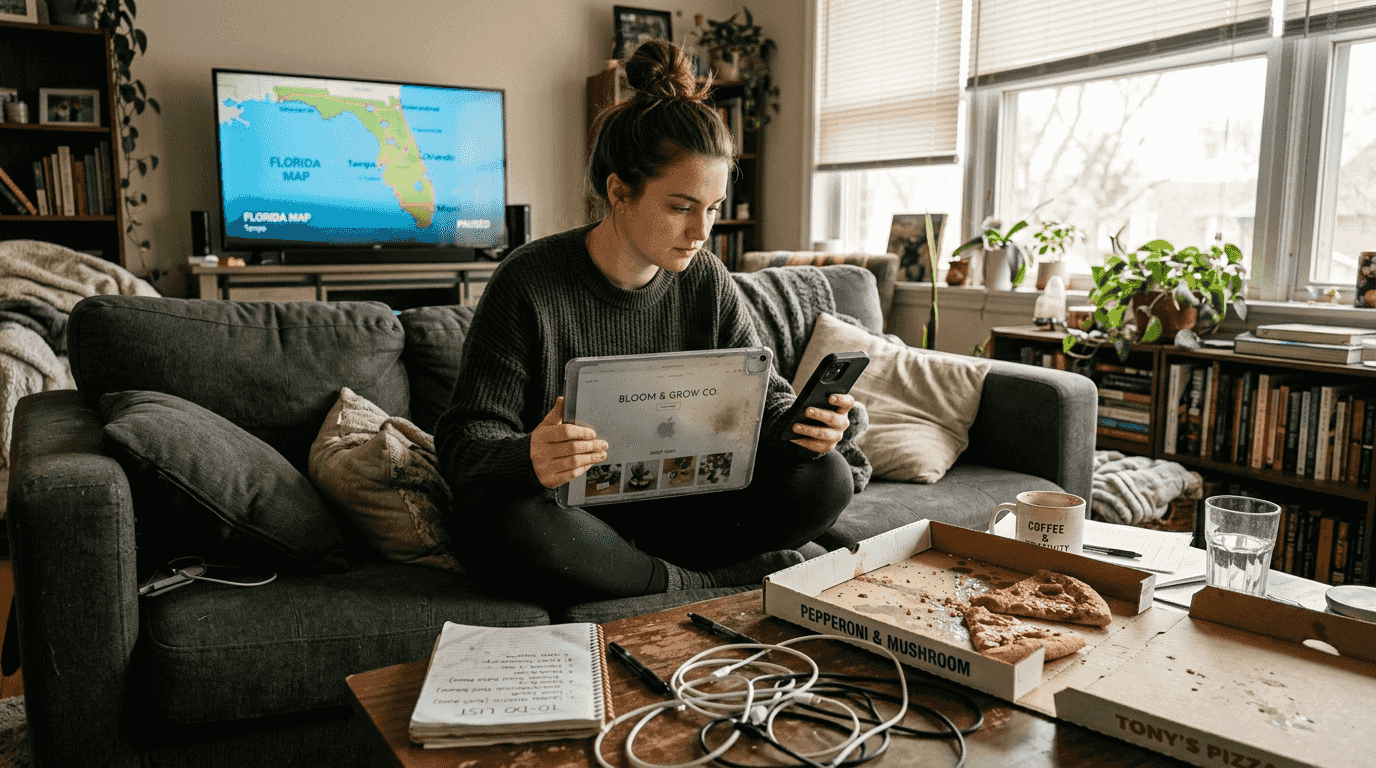 Checking website on phone and tablet in living room
