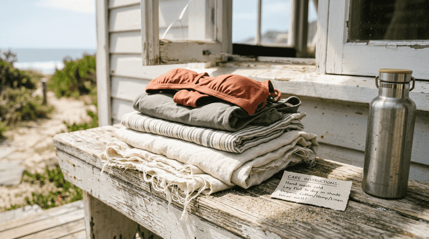 Natural fiber swimsuits folded on wooden bench