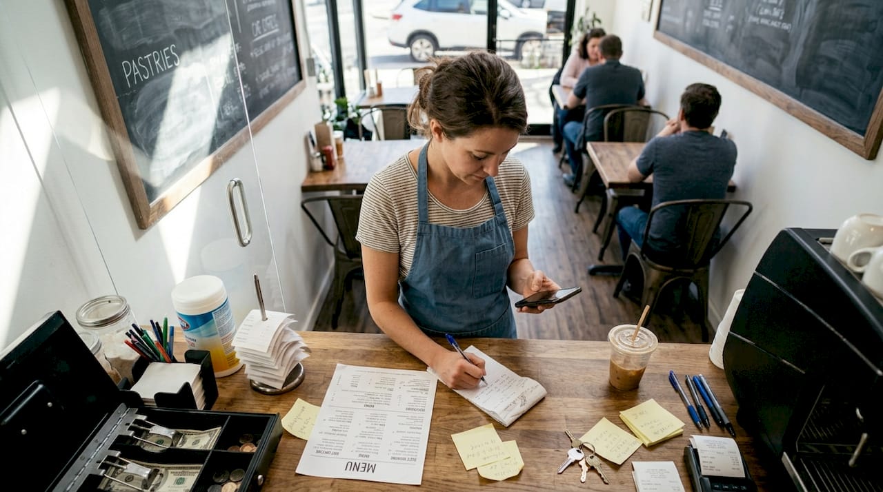 Entrepreneur multitasks in Florida café workspace