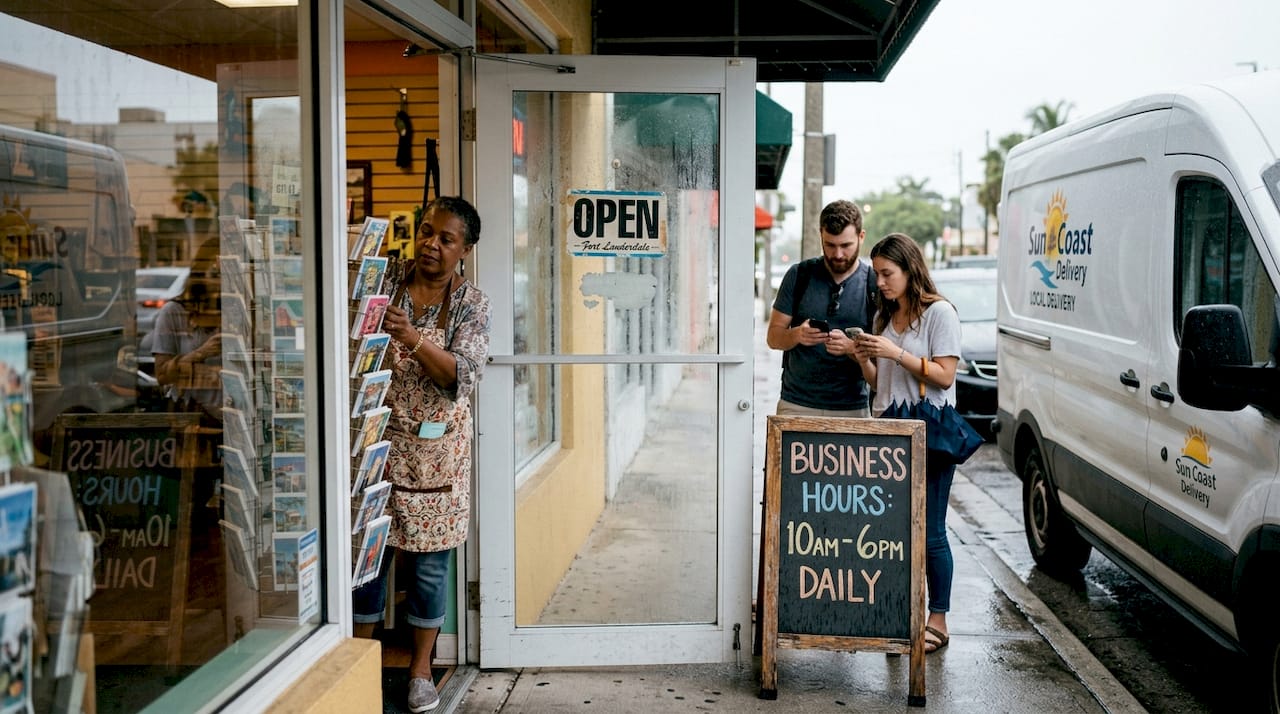 Florida storefront with customers and city life