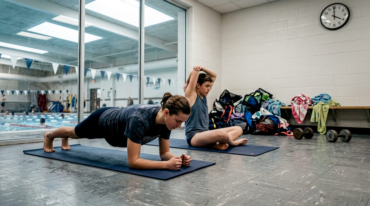 Young swimmers doing dryland exercises indoors