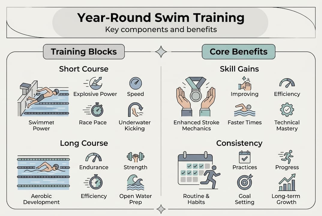 Infographic summarizing year-round swim training structure