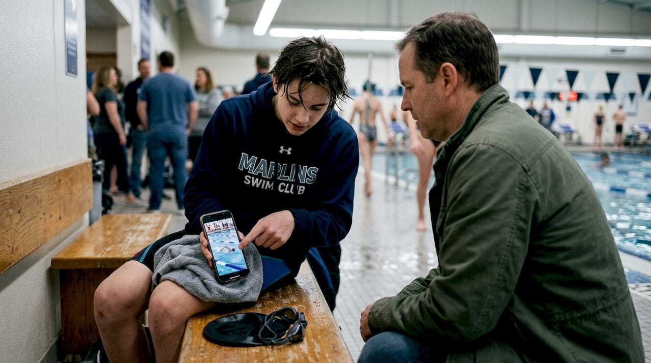 Swimmer and parent reviewing video on bench