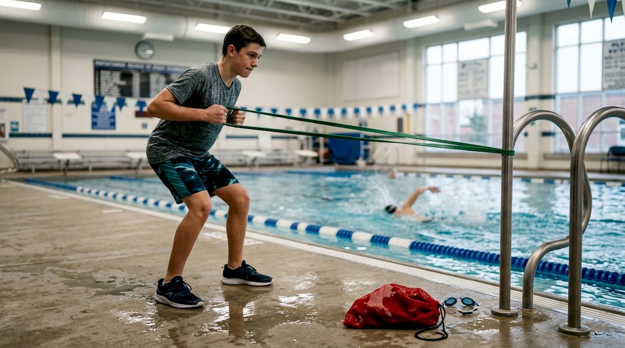 Swimmer doing resistance training poolside
