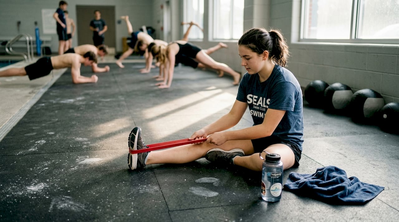 Swimmers performing dryland stretching exercises