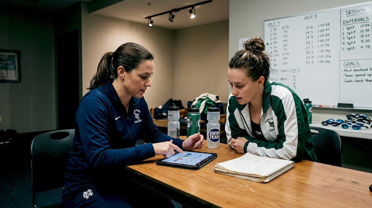 Coach and swimmer reviewing performance data