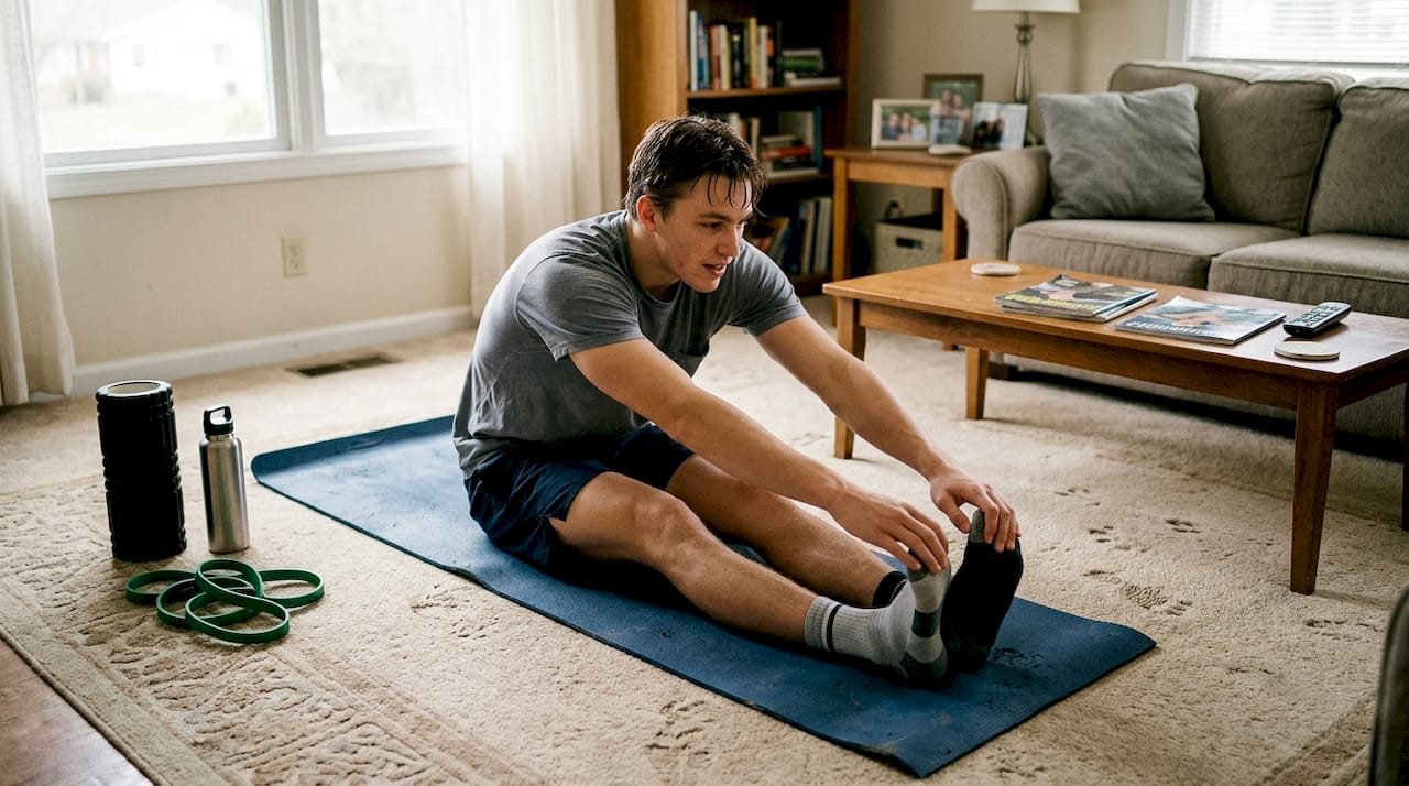 Swimmer stretching for dryland training at home