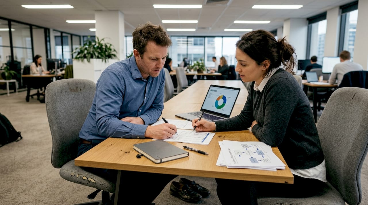 Analysts collaborating on BPM ROI report