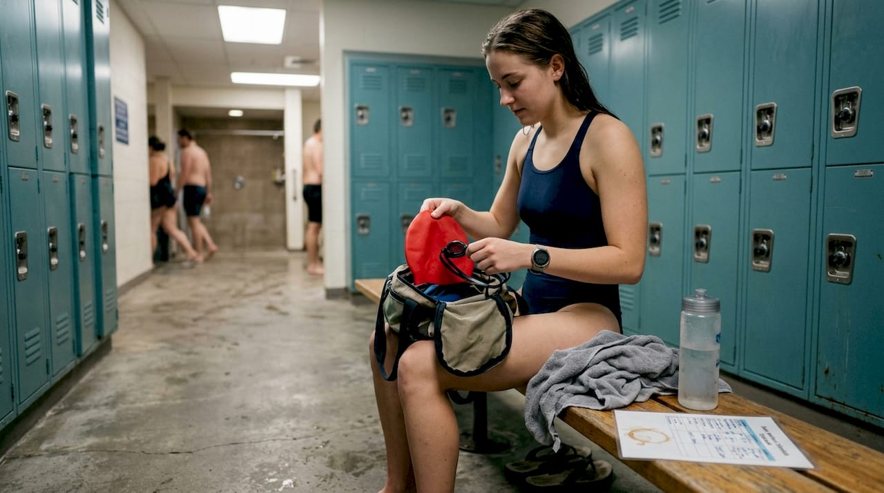 Swimmer preparing gear on bench before swim