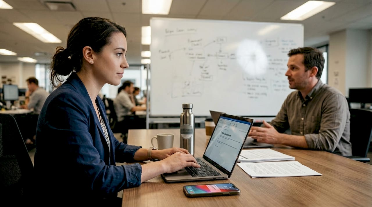 Compliance officer takes notes in meeting