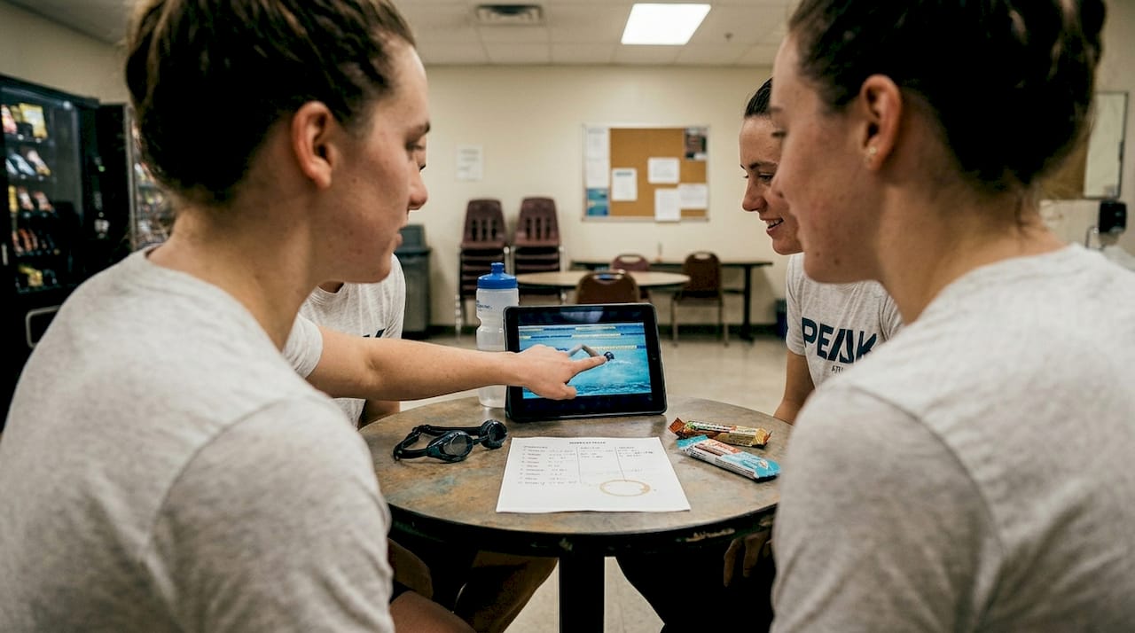 Swimmers discussing their technique using video review